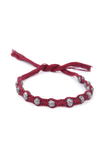Set Of 2: Ipsha Maroon Thread & Antique Plated Brass Beaded Anklets